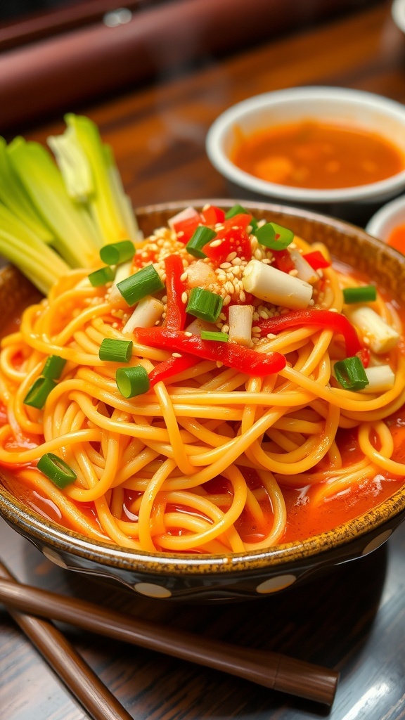 A bowl of spicy noodles with vegetables and garnishes, ready for a mukbang.